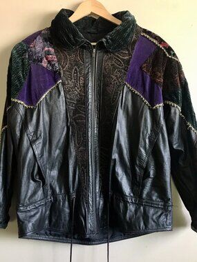 Vintage Pelle Leather Jacket Womens Medium 90s Patchwork Shoulder Pads Boho